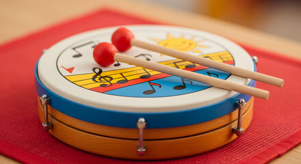 Obraz premium A small child's drum with mallets, decorated with musical notes and a sun.