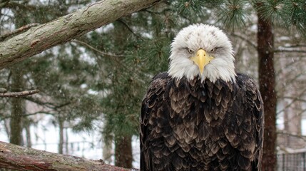 Bald eagle stares intently in winter forest