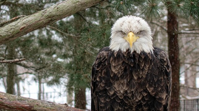 Bald eagle stares intently in winter forest