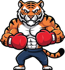 Obraz premium Strong Tiger Mascot Boxing Sports Logo Vector with Gloves Illustration