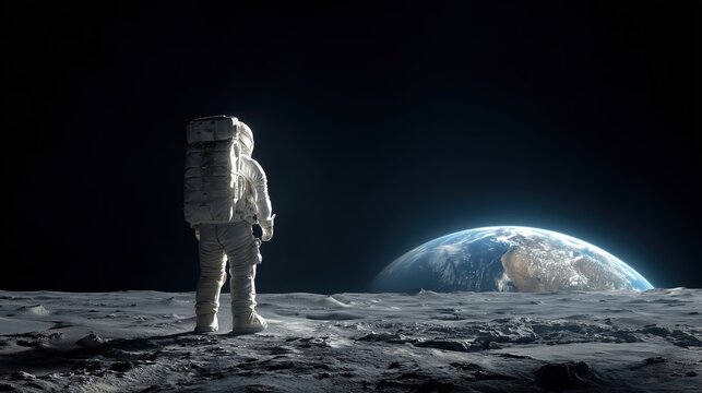 astronaut on the moon looking at earth, wearing a space suit with a helmet and backpack, with earth in the background. 