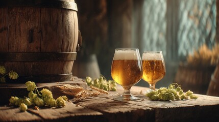 cinematic photograph of two glasses of beer, hop flowers, and wheat on a wooden table with an old barrel in the background. a large empty space is available on the left side.