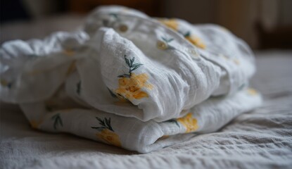 Folded, white, linen shirt with yellow floral print, resting on a bed