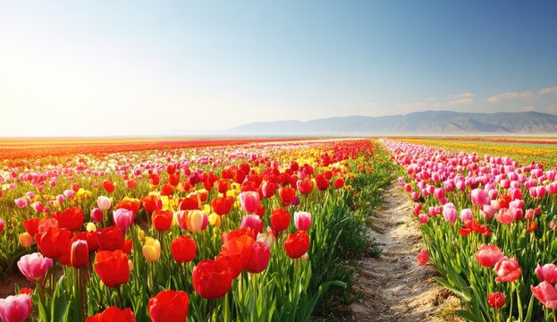 Vibrant tulip field stretches to distant mountains under a pale blue sky