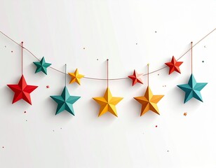 Minimal Christmas garland illustration, festive hanging decoration with stars and flags, simple flat vector design on white background