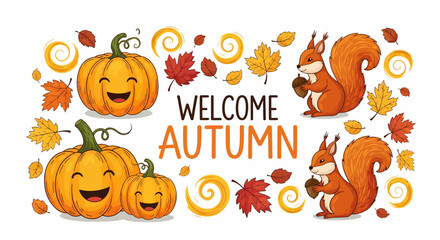 Welcome Autumn Sign Adorable Squirrels and Pumpkins Celebrate the Season