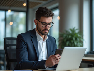 Young professional man focused on his mobile phone while working on a laptop