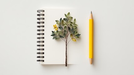 Spiral-bound notebook with paper tree and pencil