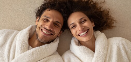 The couple in white bathrobes smiling together while relaxing at home in cozy light
