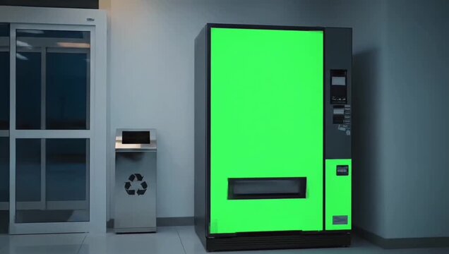 A modern vending machine featuring a blank green screen display, an ideal template for custom advertising or product mockups in a public space