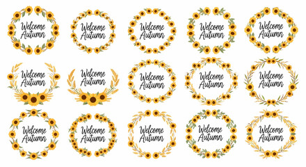 Beautiful collection of circular welcome autumn signs adorned with sunflowers and fall foliage, perfect for seasonal decorations and themes
