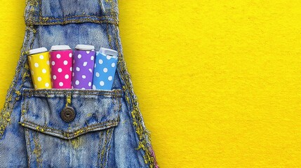 Denim apron pocket holds colorful, polka-dotted items against a bright yellow backdrop