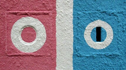 Two painted circles on textured pink and blue panels