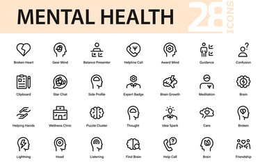 Mental health professional line icon pack, modern psychology therapy outline vector set for wellness, mindfulness, brain care and cognitive design