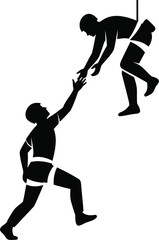 Silhouette of climber helping another reach top, symbolizing support and teamwork