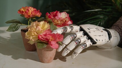 Robotic hand tending small flower pots