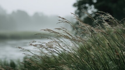 Obraz premium Dew Covered Grass in a Misty River Landscape