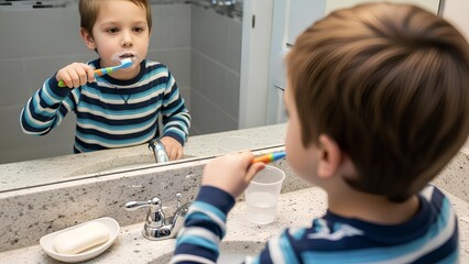 Young boy brushing his teeth in front of a bathroom mirror, practicing good hygiene habits for healthy teeth