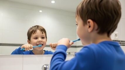 Young boy brushing his teeth in the mirror, practicing good dental hygiene and a healthy smile at home