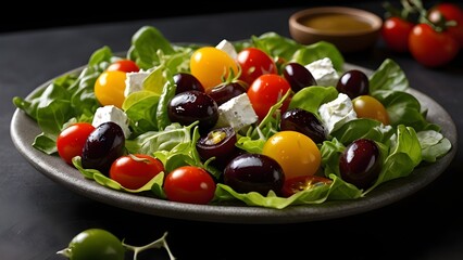 Greek Salad bowl contains a variety of vegetable and fruit with olives and cheese
