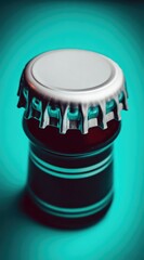 Close-up of a bottle cap,  white top, dark body, teal background