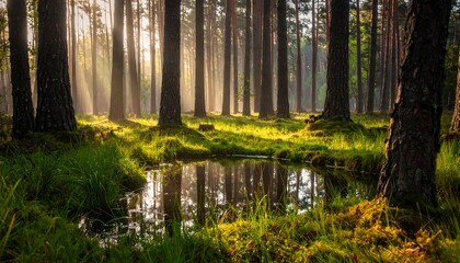 Sunlight streams through a misty forest (1)
