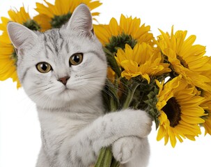 A gray and white kitten gazes directly at the viewer, holding a bouquet of sunflowers