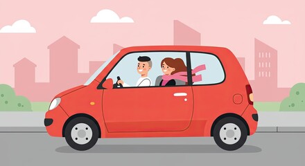 Fototapeta premium Couple Riding in Small Red Car in Cityscape Illustration