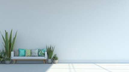 Minimalist living room with white sofa and plants