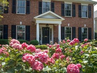 Elegant brick house exterior, blooming hydrangeas and manicured lawn lead to a dark front door with portico.