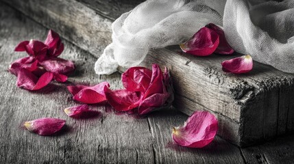 Dried rose petals on weathered wood with sheer cloth