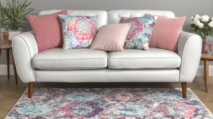 White sofa with colorful throw pillows and patterned rug