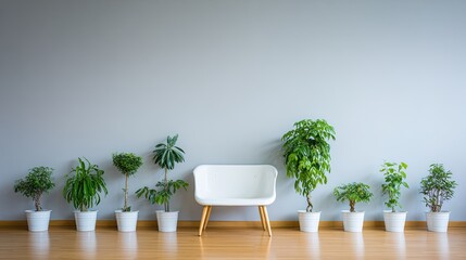 Minimalist interior design with a white chair and potted plants against a light gray wall