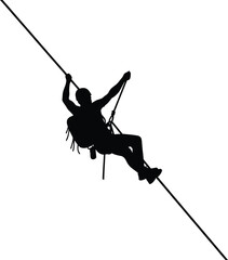 Silhouette of a man rappelling down a rope extreme sport and adventure concept