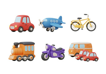 Fototapeta premium 3d icon of set of cartoon vehicles and transportation icons isolated on transparent background