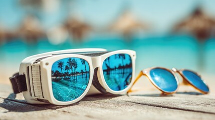 White VR glasses and sunglasses reflecting a tropical beach scene on a wooden surface