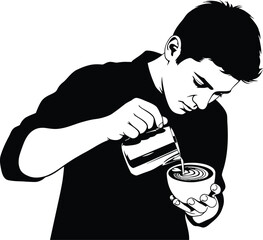 Silhouette of a barista pouring milk into a cup of coffee coffee art concept