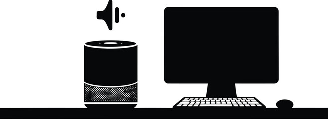 Smart speaker next to a desktop computer modern technology concept for home or office
