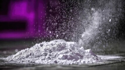 White powder mound erupts with splashes against a blurred, deep purple backdrop
