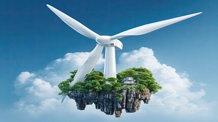 Floating island with wind turbine, lush greenery, and a clear blue sky