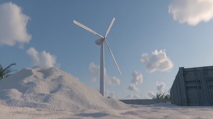 White wind turbine on sandy beach
