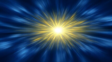 Obraz premium A vibrant explosion of radiating light, emanating from a central point, against a dark backdrop of deep blues and soft yellows.