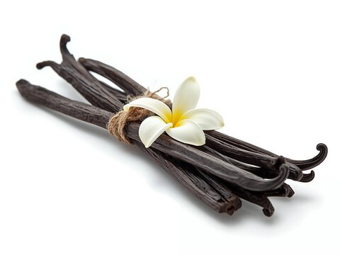 Vanilla beans with white vanilla flower isolated on white background, aromatic natural spice ingredient.