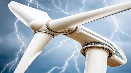 Close-up of a wind turbine with powerful lightning strikes in the background