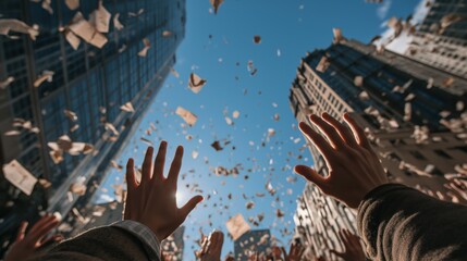 Dynamic, chaotic scene of hands reaching upwards amidst a torrent of papers and documents falling from between towering modern buildings. 