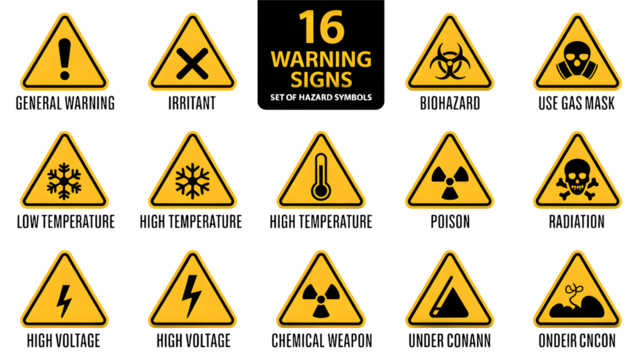 Sixteen hazard warning signs for industrial safety and workplace caution, dangers, hazards and risks - Powered by Adobe