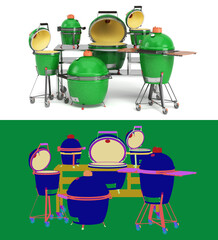 Set of barbecue green color BBQ grill with open lid  for outdoor prepare meat food 3d illustration on white with alpha