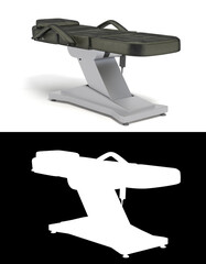 new black leather cosmetology chair with adjustable positions perspective view 3d render on white with alpha