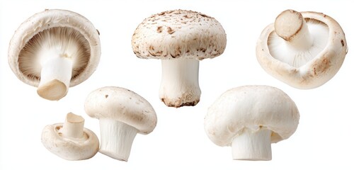 Five White Button Mushrooms on White Background