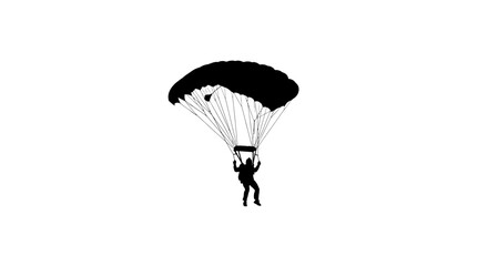 Isolated silhouette of a skydiver with a parachute against a clean white background offering space © anis